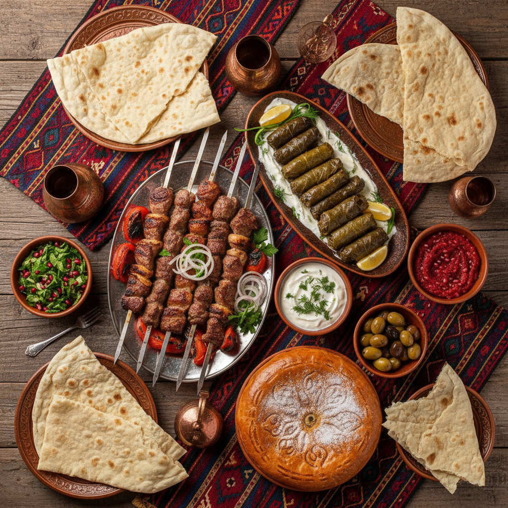 Un festín de comida tradicional armenia con khorovats, dolma y lavash