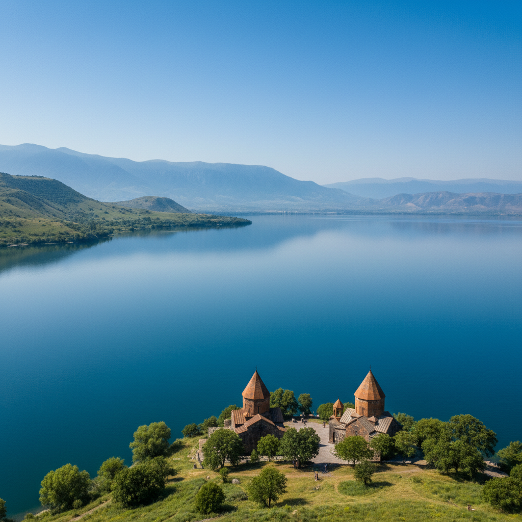 El lago Sevan con el monasterio de Sevanavank en una península